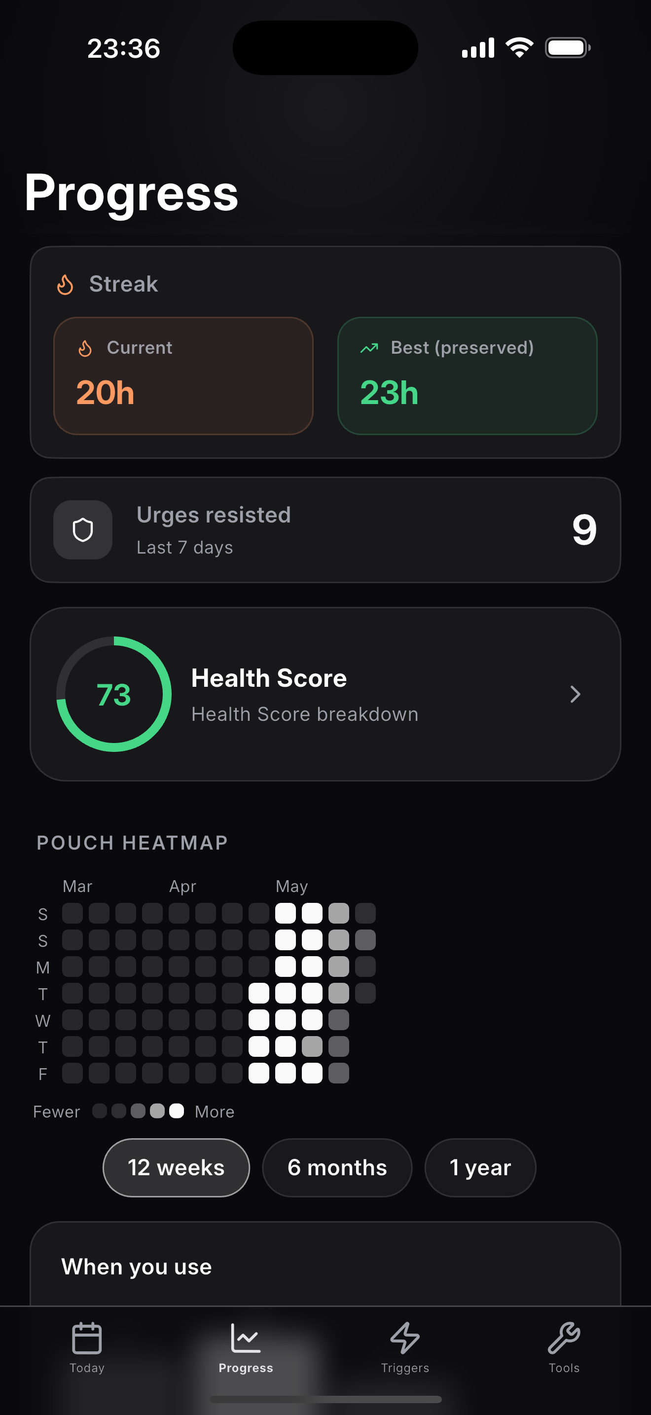 Progress screen with streak cards, Health Score and a 12-week pouch heatmap.