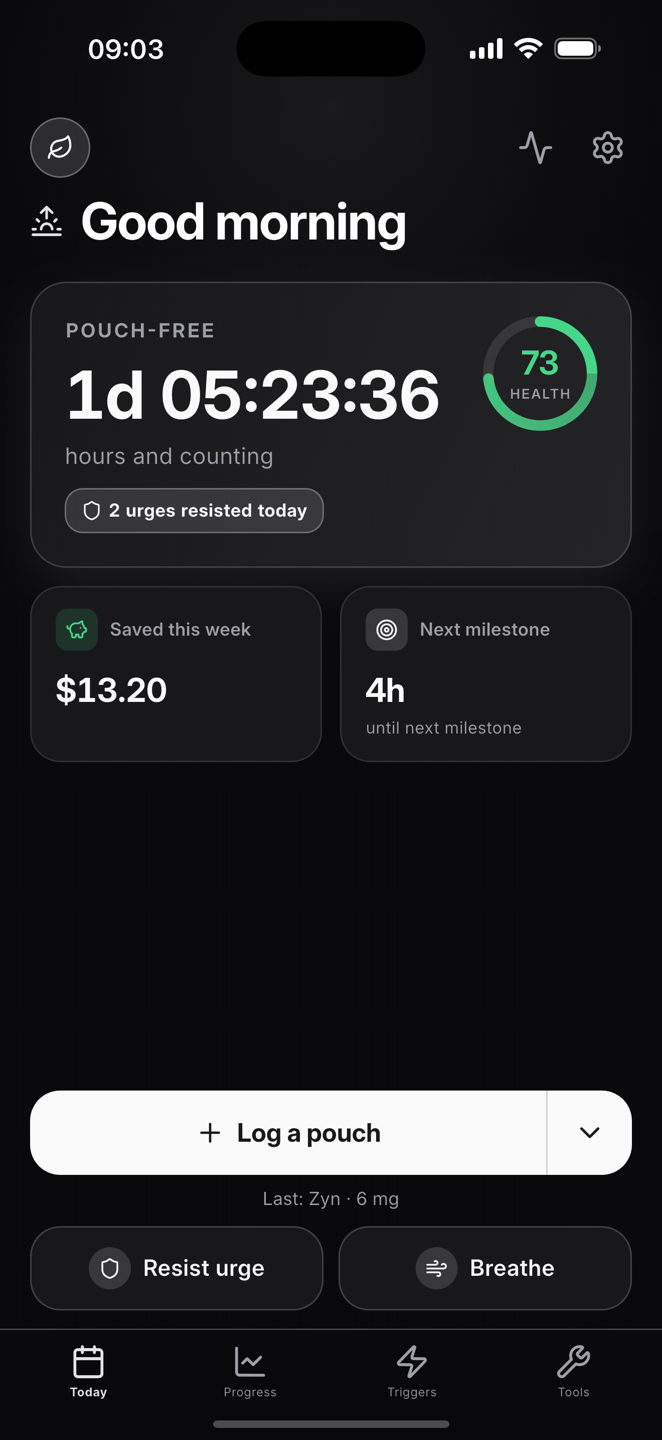PouchDown Today screen showing pouch-free timer, weekly savings and a one-tap log button.